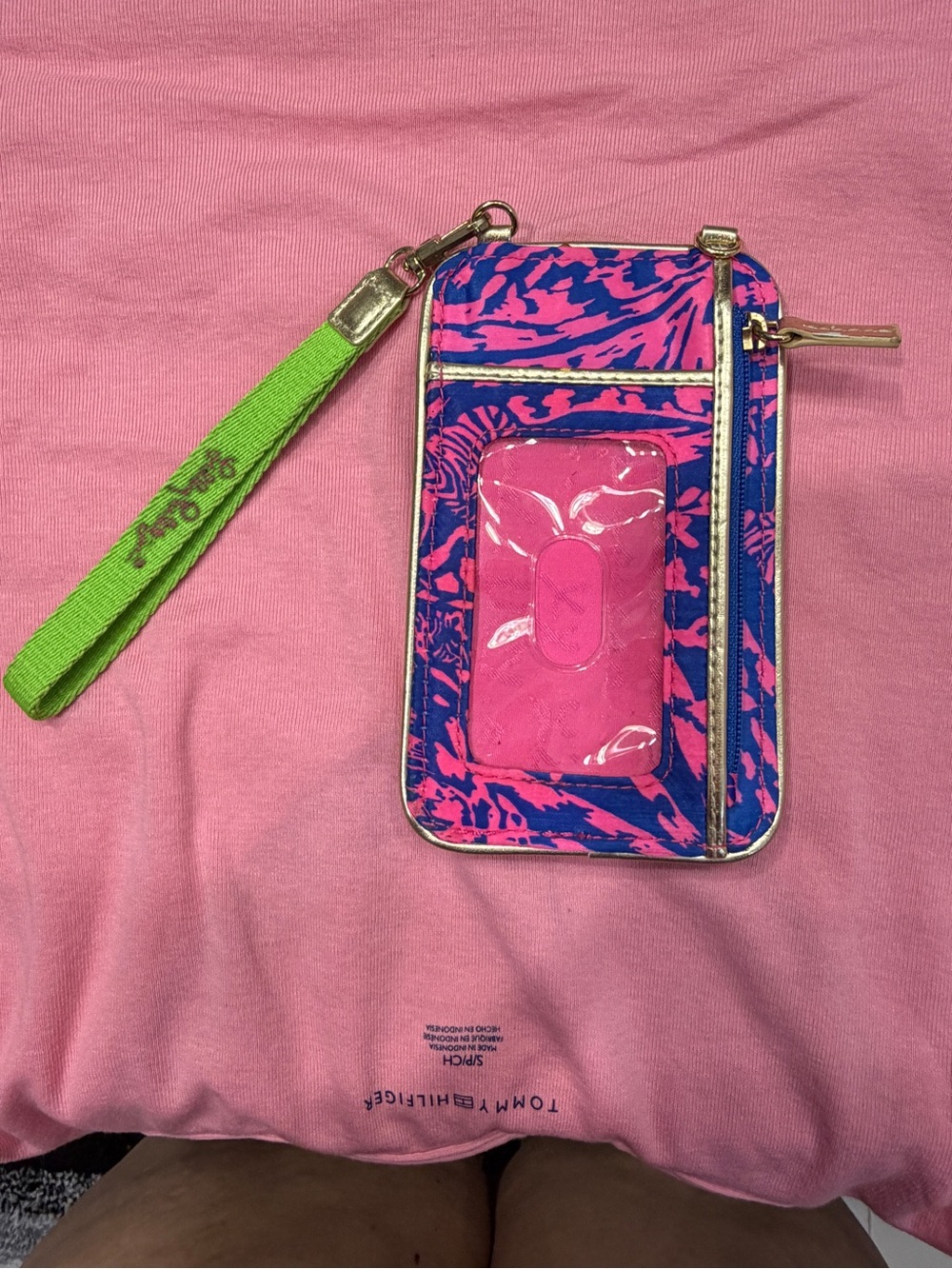 Lilly Pulitzer Pink and Blue Tropical Wristlet Wallet with Green Strap